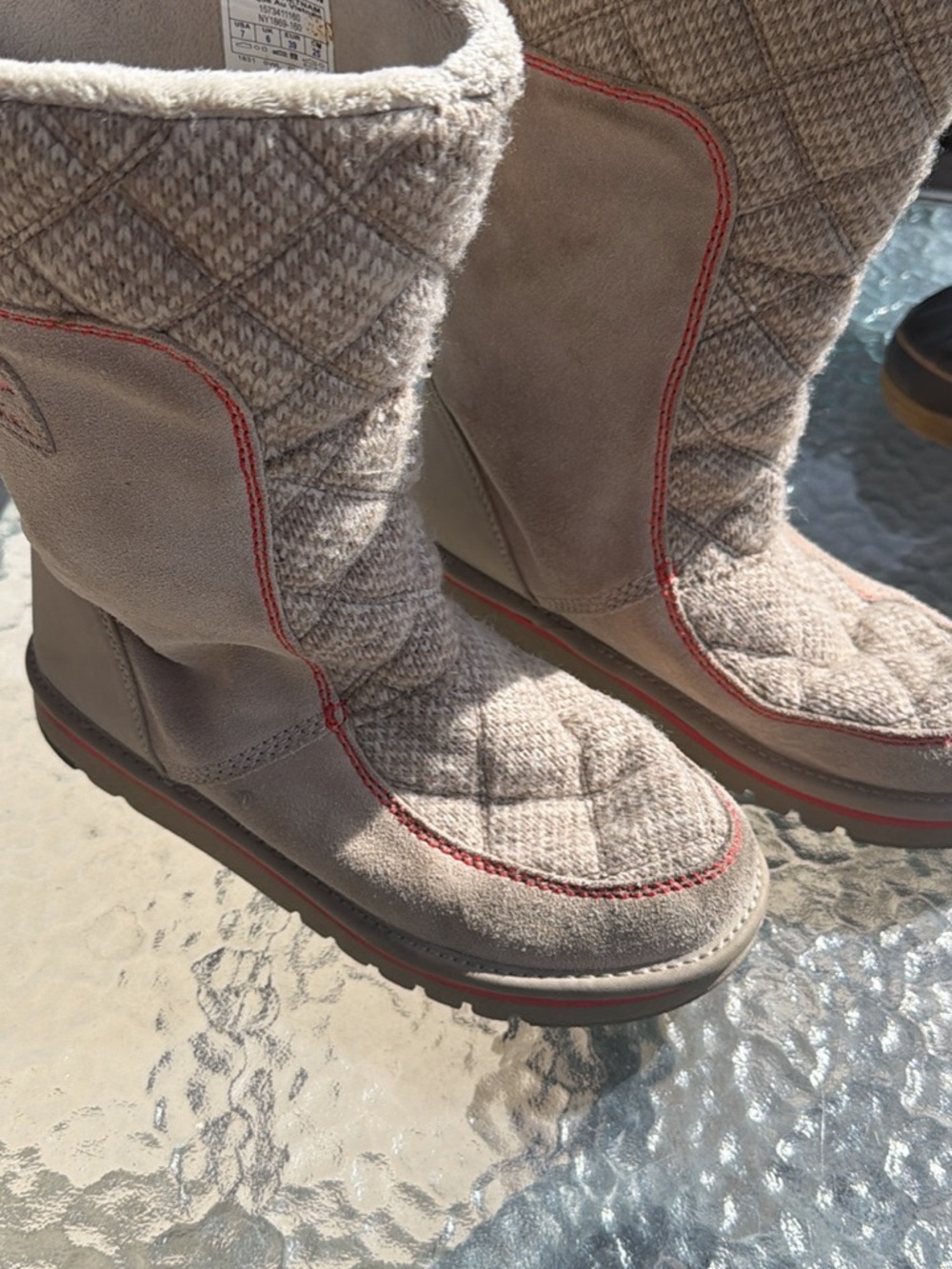 Sorel Quilted Tan Winter Boots with Red Trim